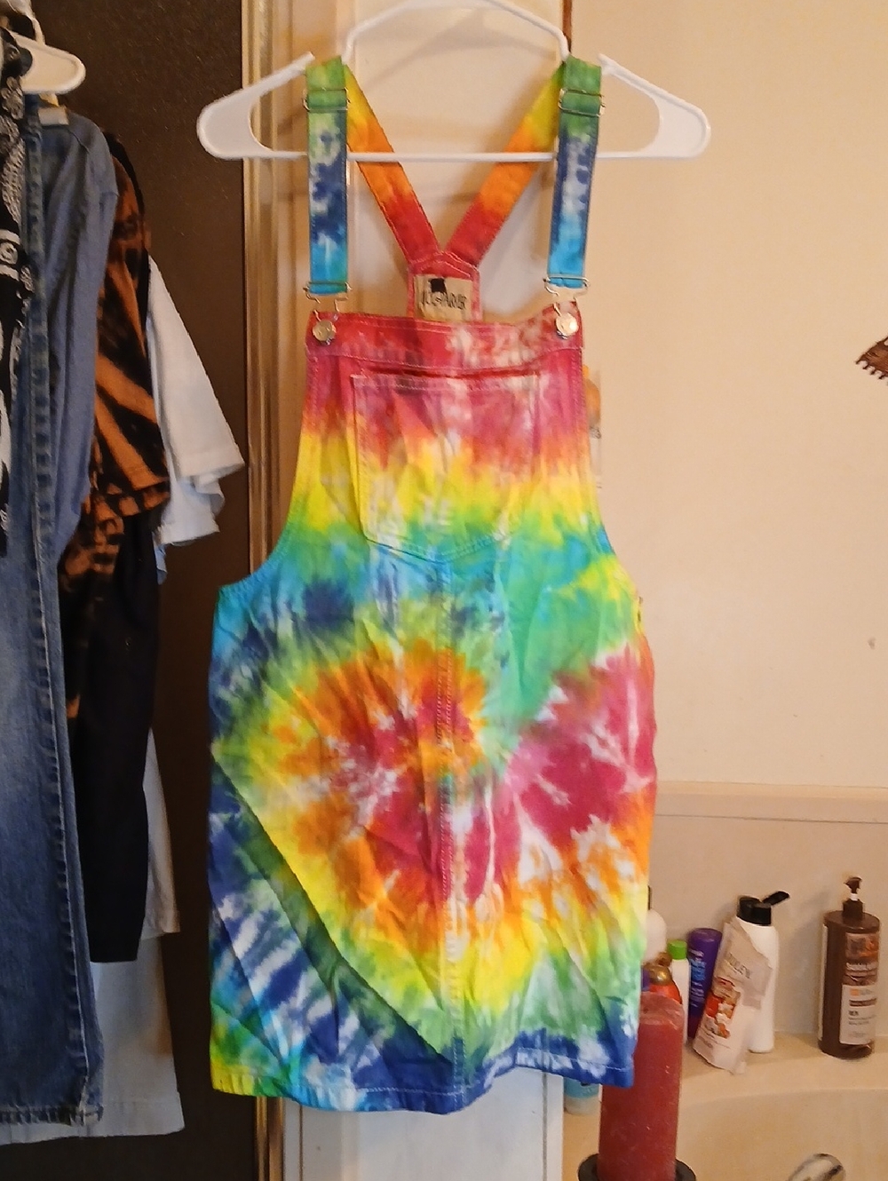 Lily & Parker,Tie-Dye Rainbow Mini Dress Overalls,sz.M